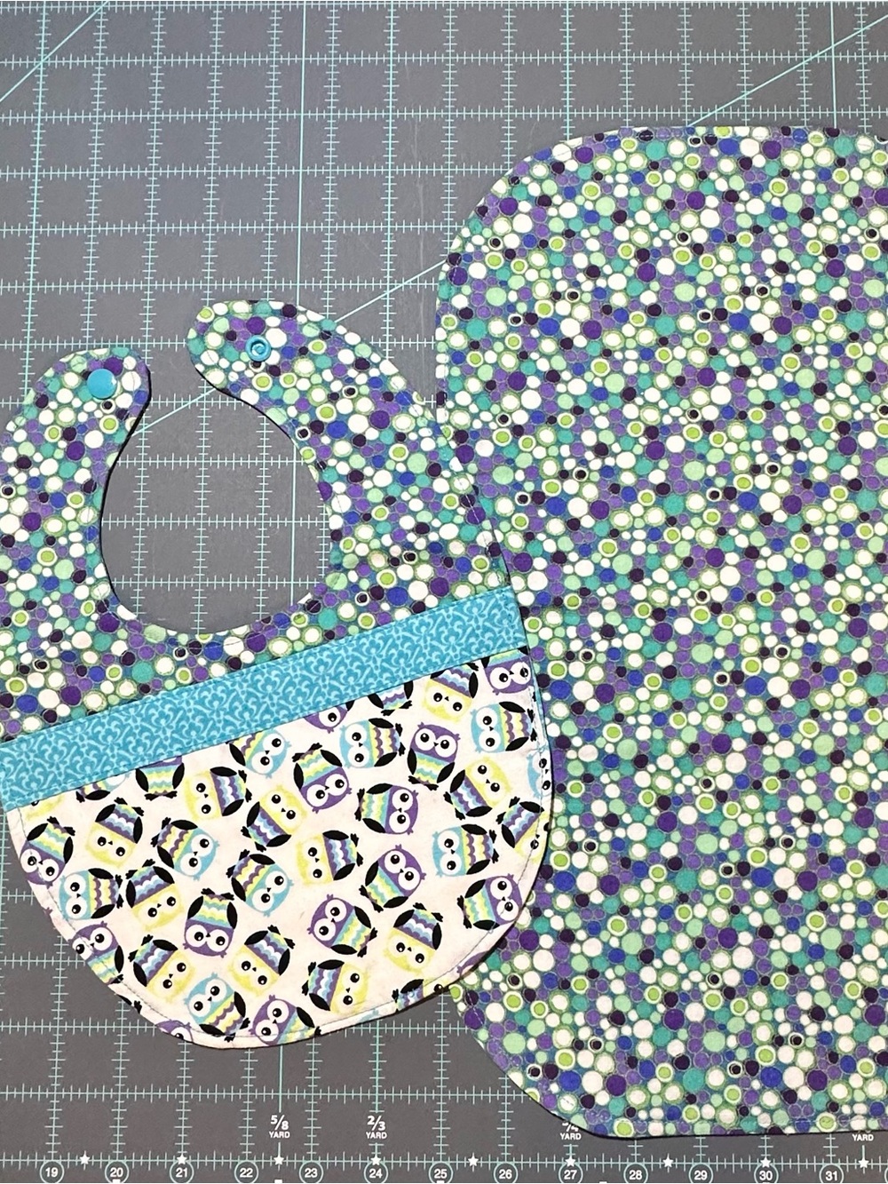Owl Print Baby Bib and Matching Burp Cloth - Purple, Teal, Green